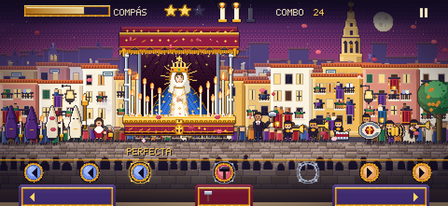 Procesión gameplay: a paso de palio crossing a pixel-art Seville street at dusk