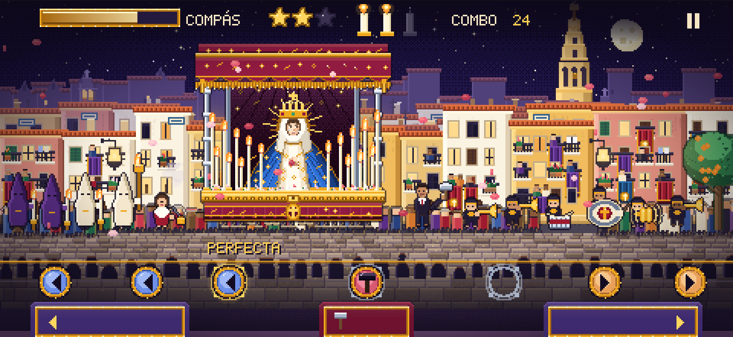 A nighttime Procesión scene with the Giralda, candles and a paso de misterio