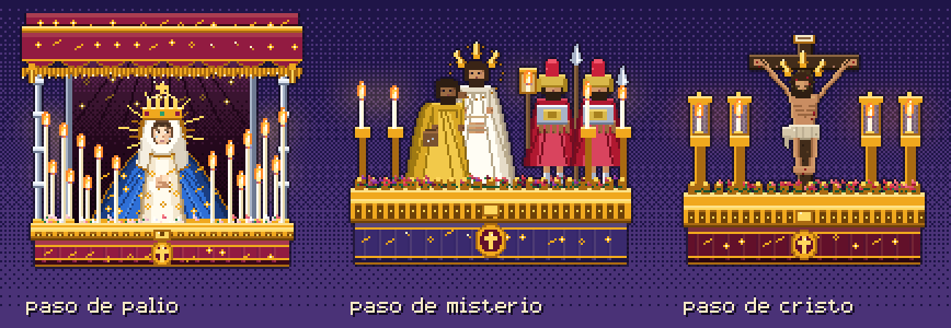 Pixel-art paso de palio, paso de misterio and paso de Cristo from Procesión
