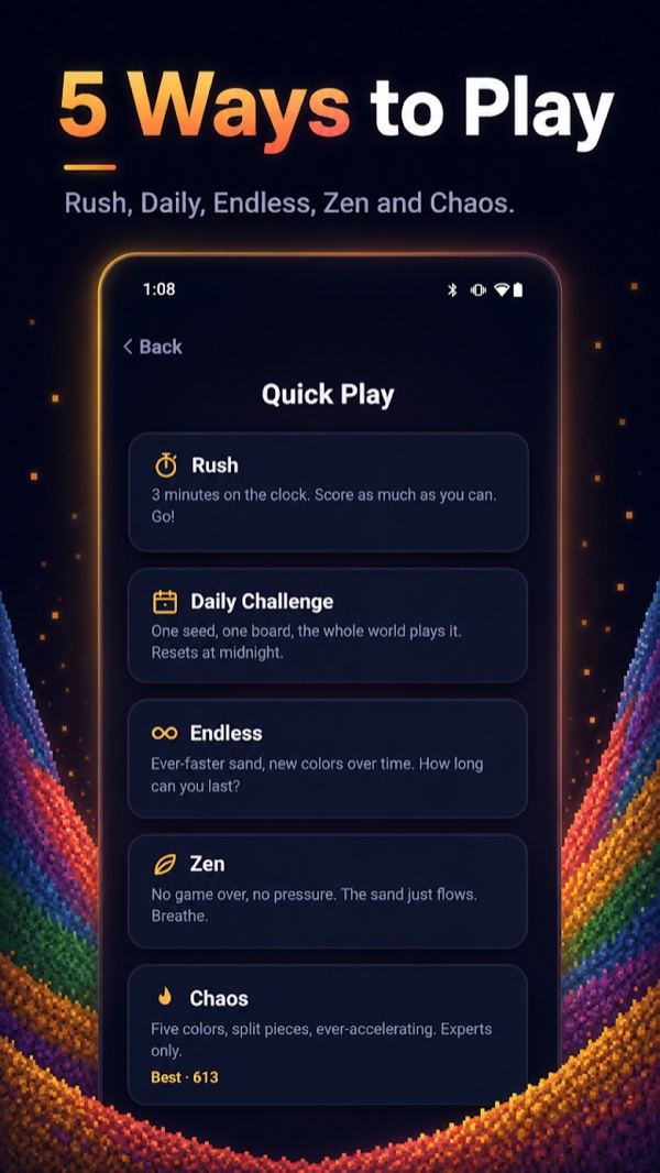 Five SandPile game modes including Rush, Daily, Endless, Zen and Chaos
